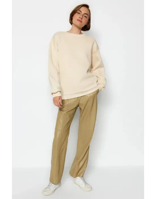 3 iplik şardonlu bisiklet yaka sweatshirt bej