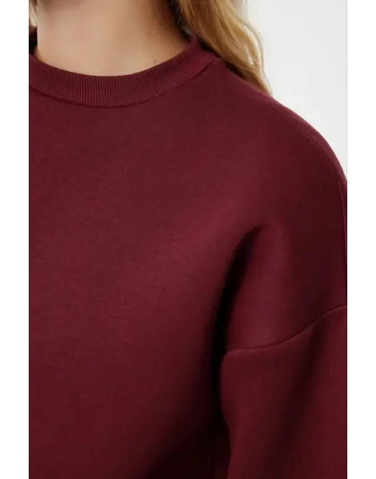 3 iplik şardonlu bisiklet yaka sweatshirt bordo