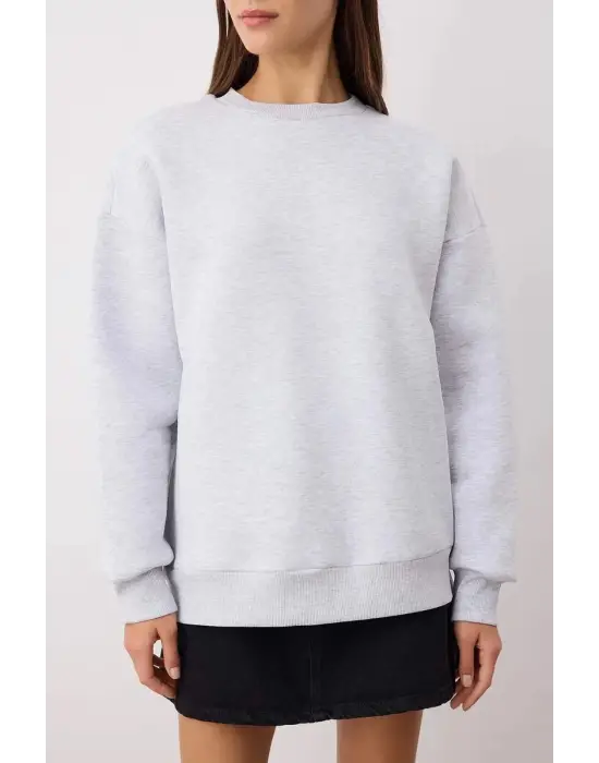 3 iplik şardonlu bisiklet yaka sweatshirt gri