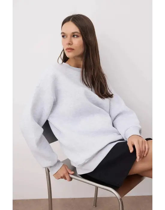 3 iplik şardonlu bisiklet yaka sweatshirt gri