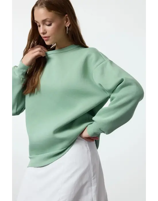3 iplik şardonlu bisiklet yaka sweatshirt mint