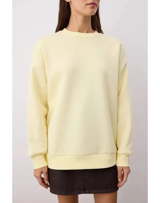 3 iplik şardonlu bisiklet yaka sweatshirt sarı