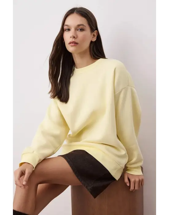 3 iplik şardonlu bisiklet yaka sweatshirt sarı