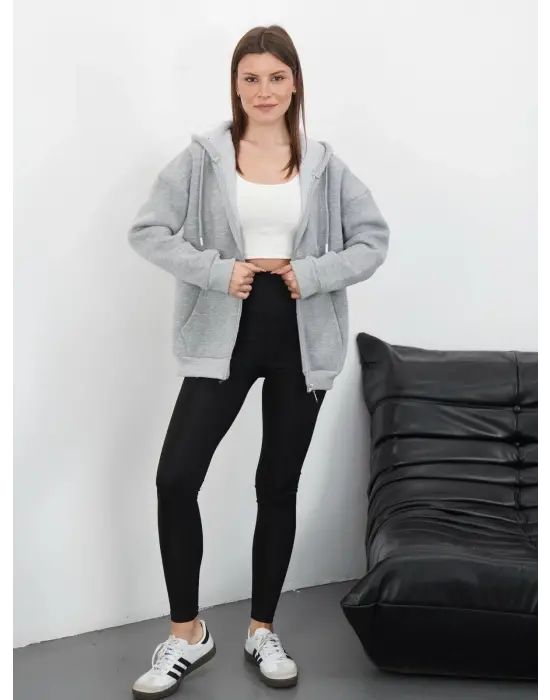 3 iplik şardonlu fermuarlı kapşonlu hırka gri