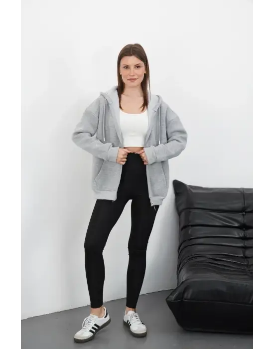 3 iplik şardonlu fermuarlı kapşonlu hırka gri