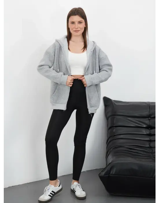 3 iplik şardonlu fermuarlı kapşonlu hırka gri