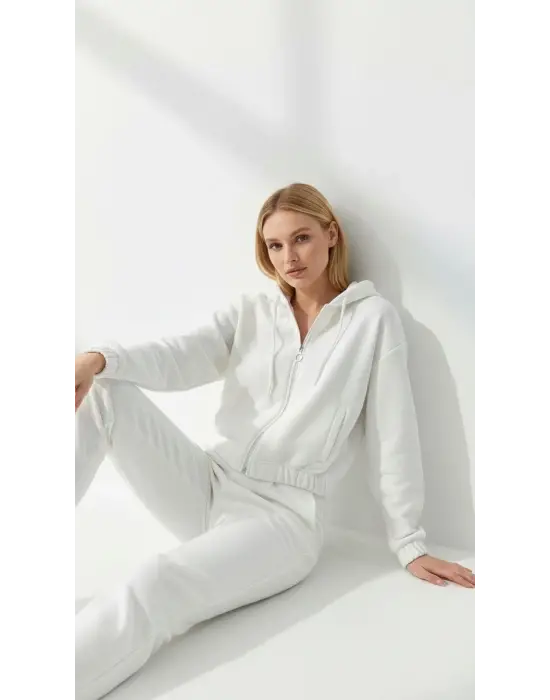 3 iplik şardonlu Kapşonlu fermuarlı kısa üst beyaz pat8590