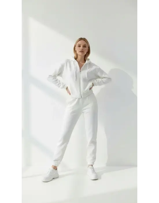 3 iplik şardonlu Kapşonlu fermuarlı kısa üst beyaz pat8590