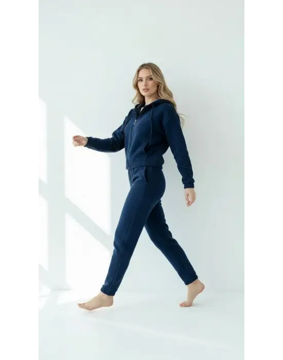 3 iplik şardonlu Kapşonlu fermuarlı kısa üst lacivert pat8590