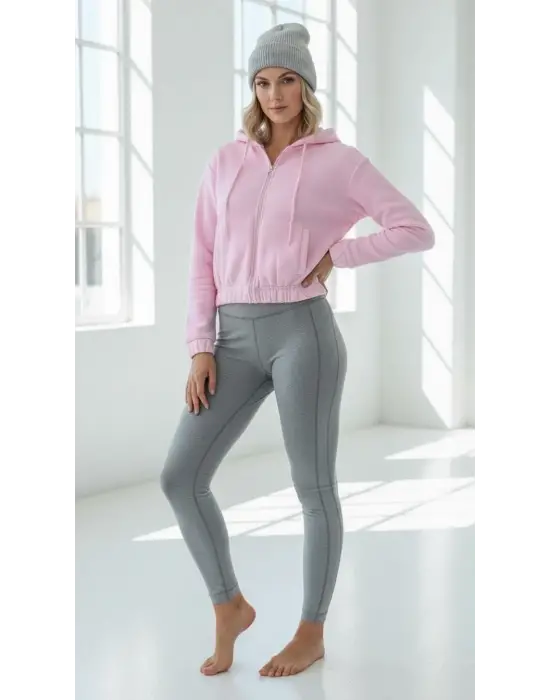 3 iplik şardonlu Kapşonlu fermuarlı kısa üst pembe pat8590