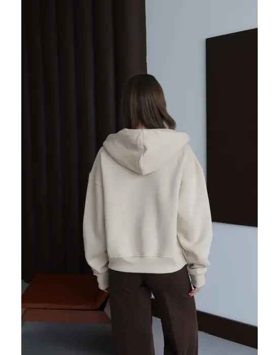 3 iplik şardonlu kapşonlu hoodie frm bej p510437