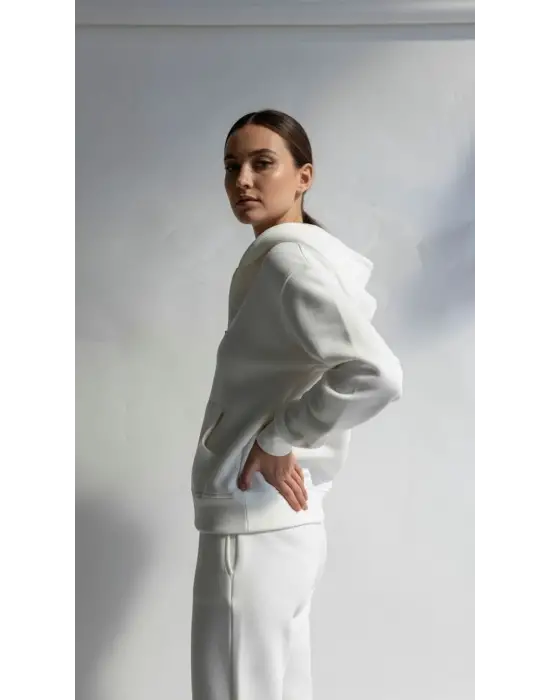 3 iplik şardonlu kapşonlu hoodie frm beyaz p510437