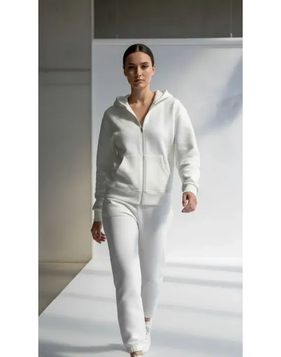 3 iplik şardonlu kapşonlu hoodie frm beyaz p510437