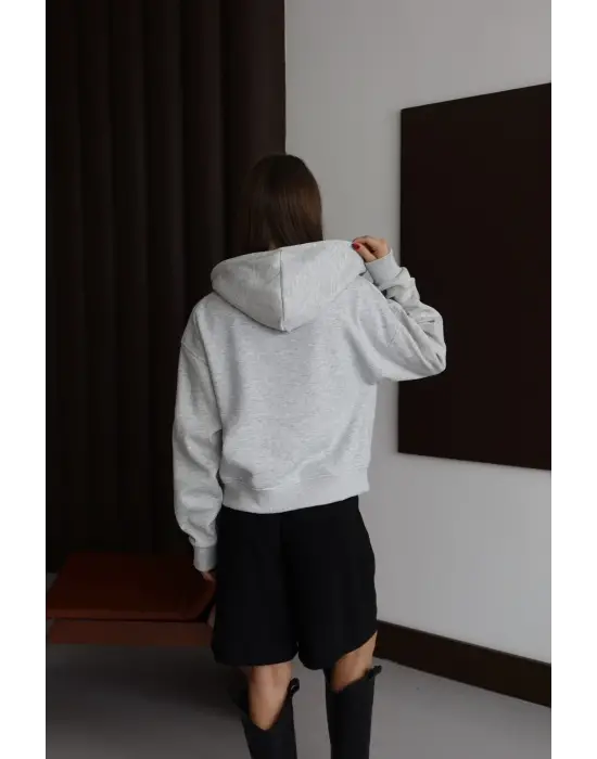 3 iplik şardonlu kapşonlu hoodie frm gri p510437