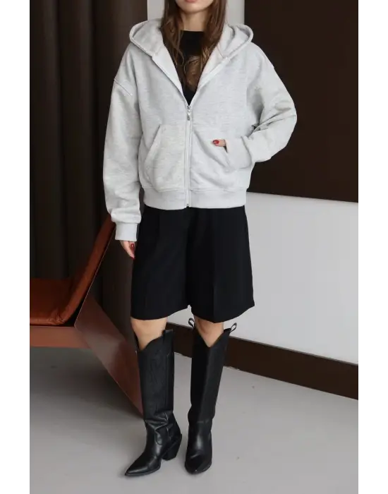 3 iplik şardonlu kapşonlu hoodie frm gri p510437