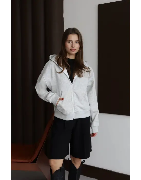 3 iplik şardonlu kapşonlu hoodie frm gri p510437