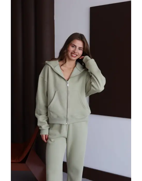 3 iplik şardonlu kapşonlu hoodie frm mint p510437