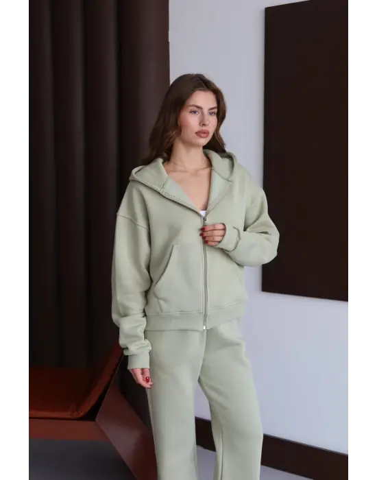 3 iplik şardonlu kapşonlu hoodie frm mint p510437