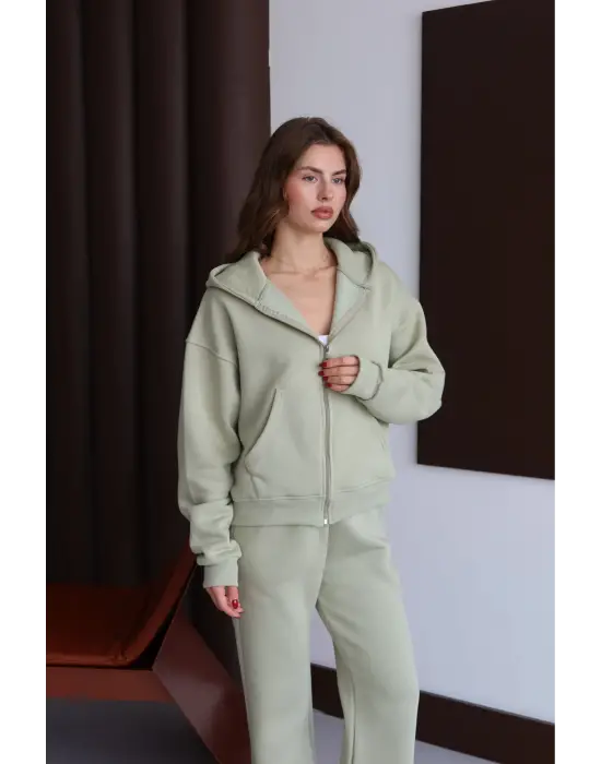 3 iplik şardonlu kapşonlu hoodie frm mint p510437