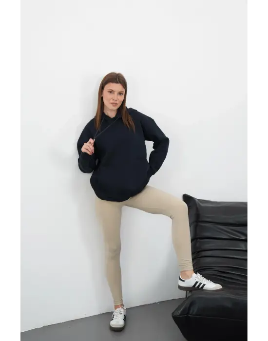 3 iplik şardonlu kapşonlu swetshirt lacivert md63