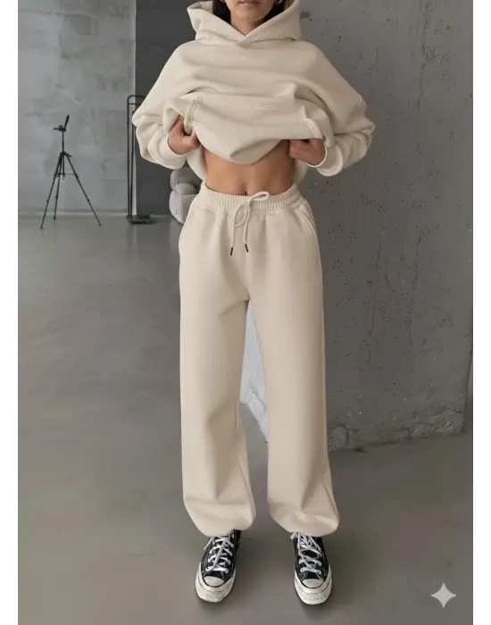 3 iplik şardonlu Lastik paça eşofman bej p510439