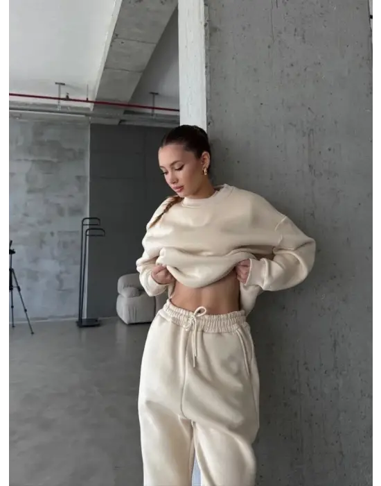 3 iplik şardonlu Lastik paça eşofman bej p510439