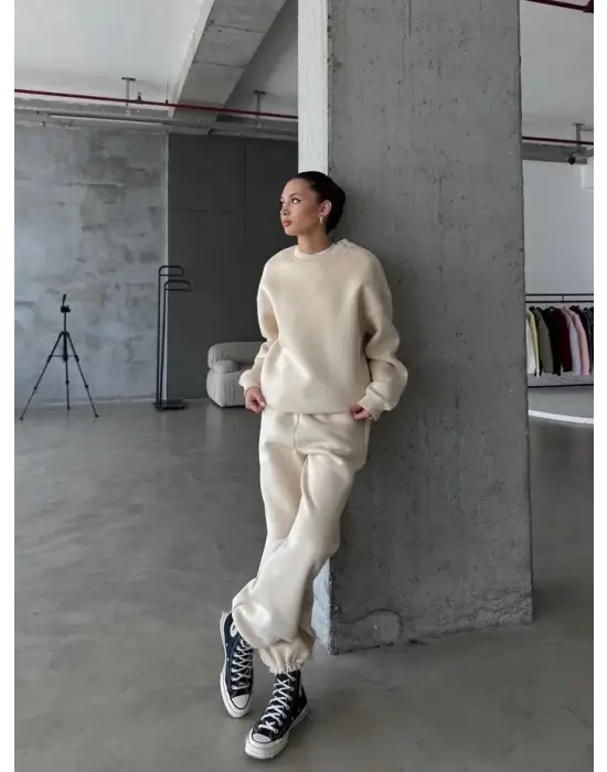 3 iplik şardonlu Lastik paça eşofman bej p510439