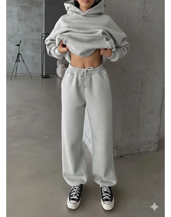 3 iplik şardonlu Lastik paça eşofman gri p510439