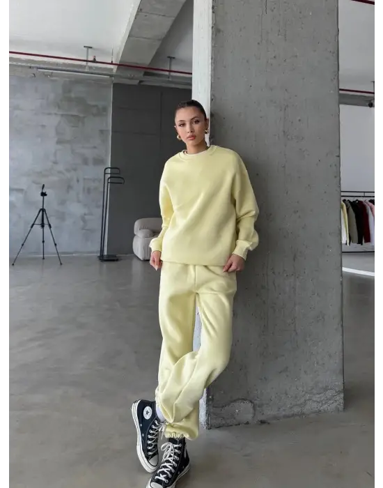 3 iplik şardonlu Lastik paça eşofman sarı p510439