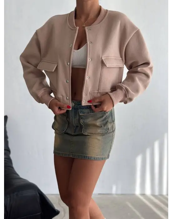3 iplik şardonlu Önü çıtçıtlı cepli ceket bej f2226