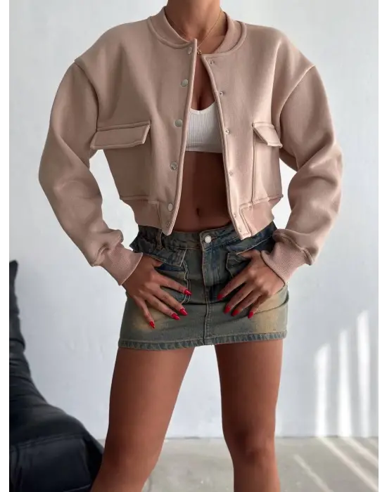 3 iplik şardonlu Önü çıtçıtlı cepli ceket bej f2226