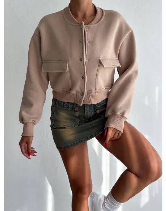 3 iplik şardonlu Önü çıtçıtlı cepli ceket bej f2226