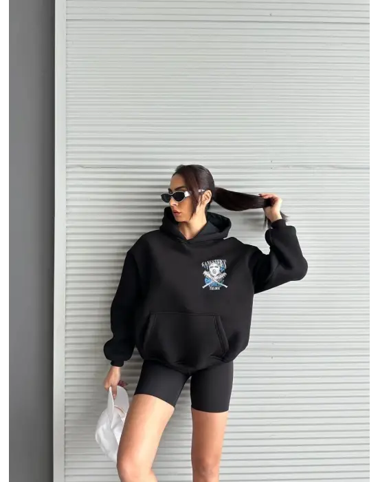 Omarı Oversize Kafa Baskılı Siyah Sweatshirt