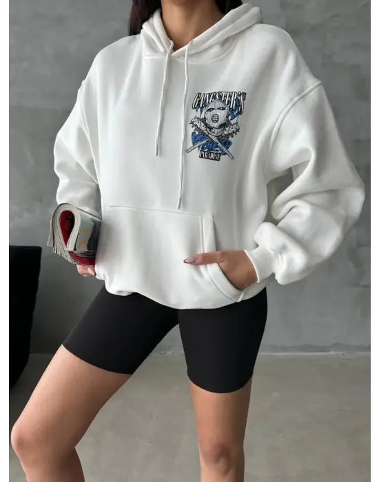 Beyaz Oversize Kafa Baskılı Sweat Kadın Giyim