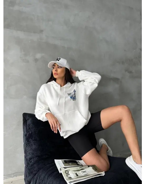 3 iplik şardonlu oversize kafa baskılı sweat beyaz