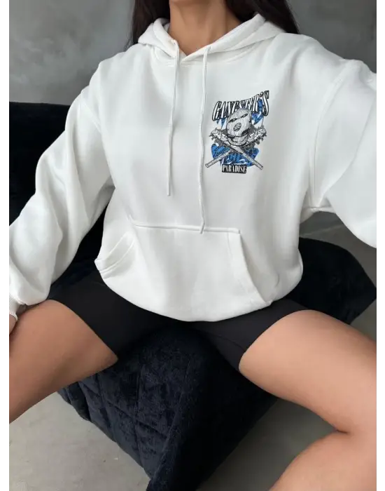 Beyaz Oversize Kafa Baskılı Sweat Kadın Giyim