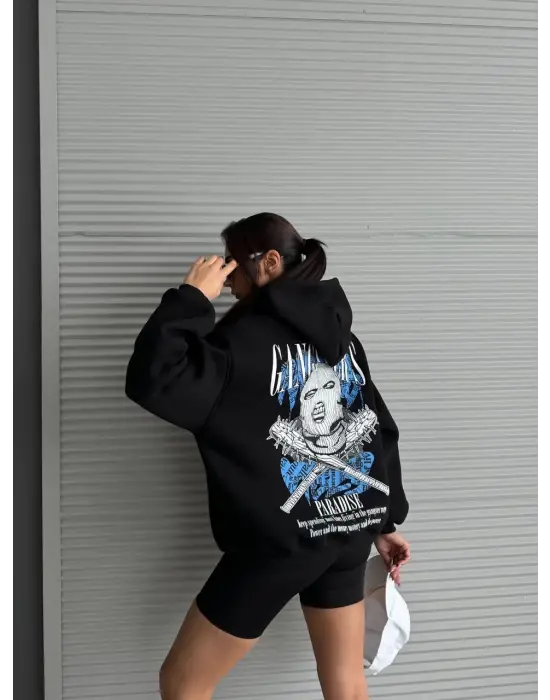 3 iplik şardonlu oversize kafa baskılı sweat siyah