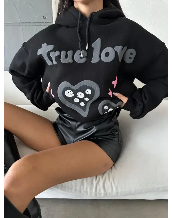 3 iplik şardonlu oversize true baskılı sweat siyah