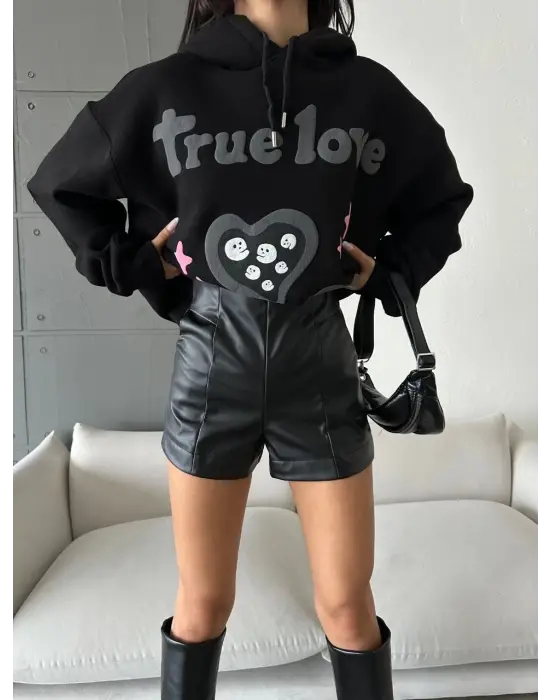 3 iplik şardonlu oversize true baskılı sweat siyah