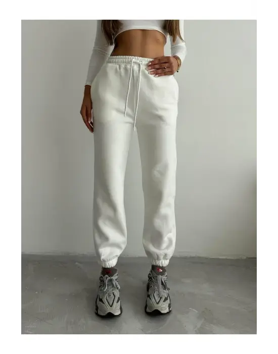 3 iplik şardonlu paça lastikli eşofman beyaz is001