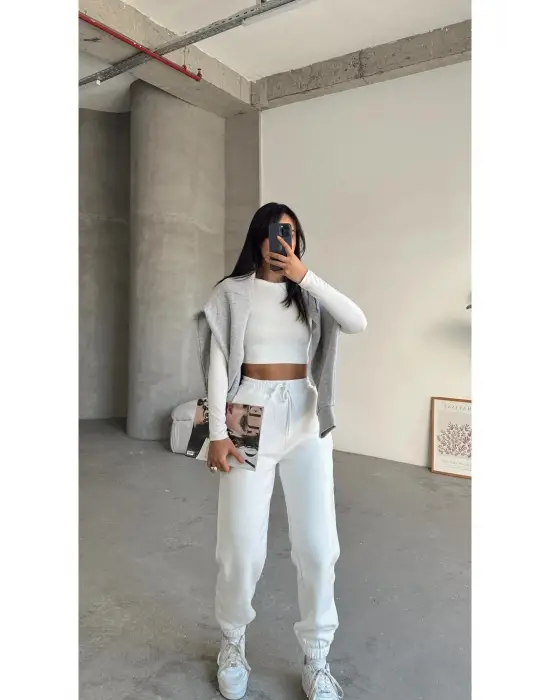 3 iplik şardonlu paça lastikli eşofman beyaz is001