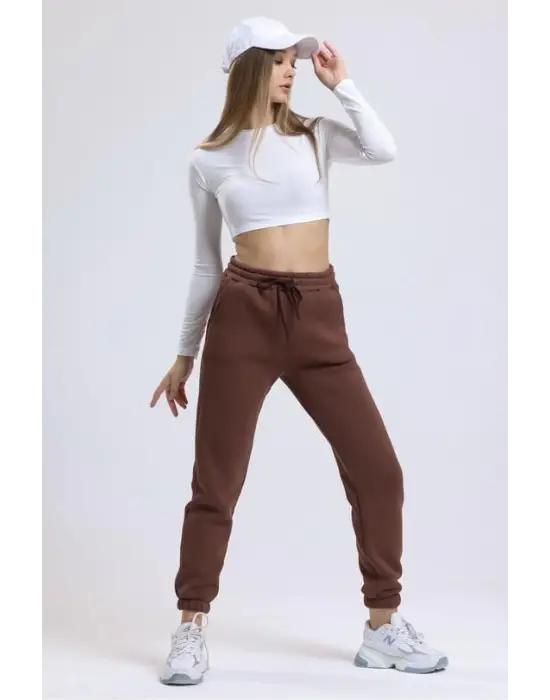 3 iplik şardonlu paça lastikli eşofman kahve is001