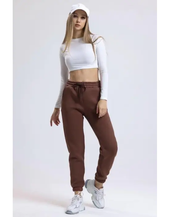 3 iplik şardonlu paça lastikli eşofman kahve is001