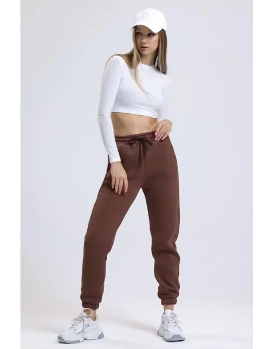 3 iplik şardonlu paça lastikli eşofman kahve is001