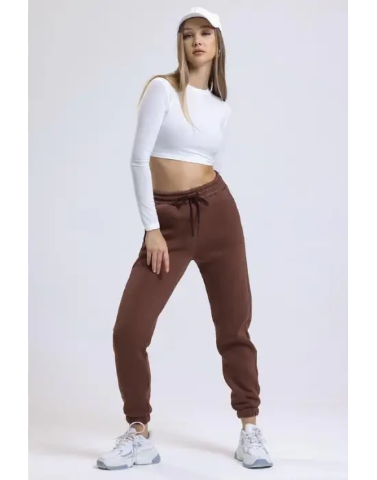 3 iplik şardonlu paça lastikli eşofman kahve is001