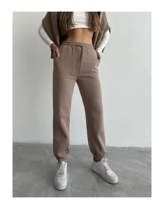 3 iplik şardonlu paça lastikli eşofman vizon is001