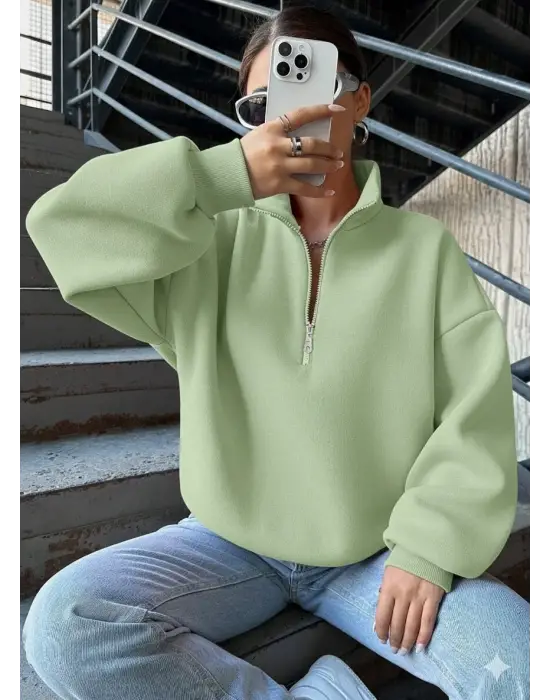 3 iplik Şardonlu yarım fermuarlı sweatshirt mint