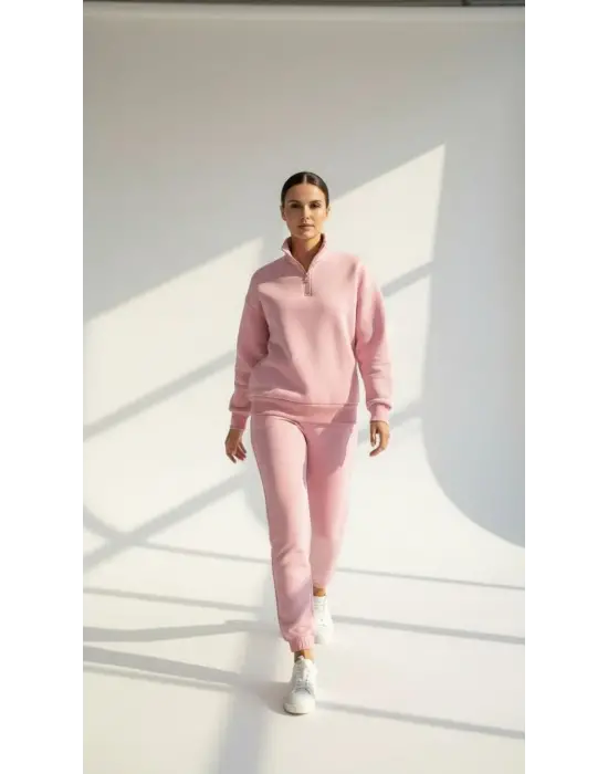 3 iplik Şardonlu yarım fermuarlı sweatshirt somon