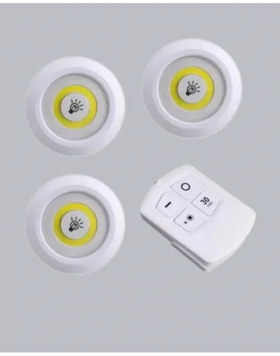 3 Lü Pilli Kablosuz Led Spot Lamba Seti Kumandalı Kolay Montaj Aydınlatma