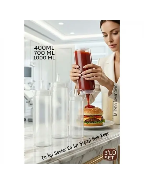 3lü Sos Şişesi, Ketçap Mayonez Hardal ve Zeytinyağı Şişesi 400 ml,700 ml, 1000 ml Set